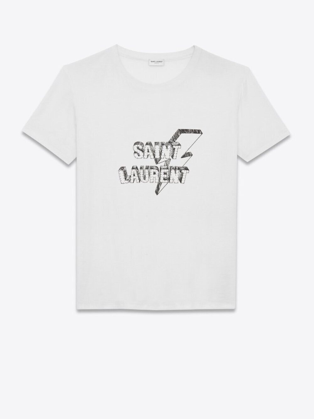 SAINT LAURENT White Burnout Short Sleeve Lightning Bolt Logo Tee T-Shirt, Size S